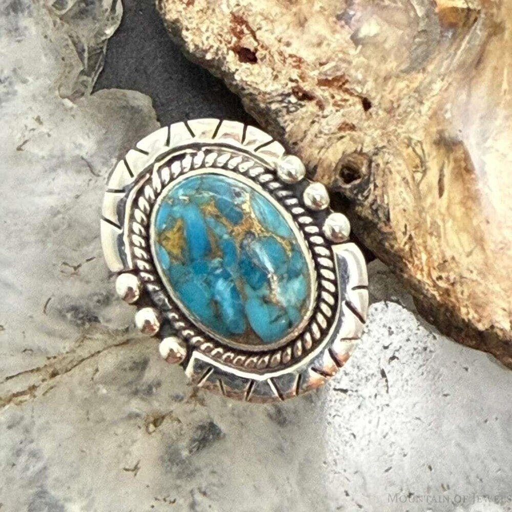Sterling Silver Southwestern Style Oval Copper Turquoise Ring For Women